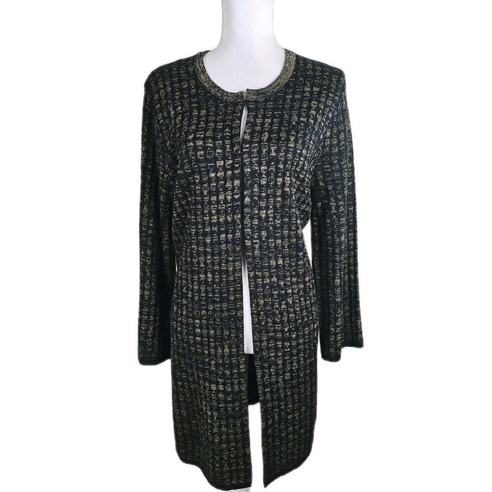 Kasper ~Woman Size XL~ Black/Gold Striped Print Long Sleeve Cardigan Wool Blend.